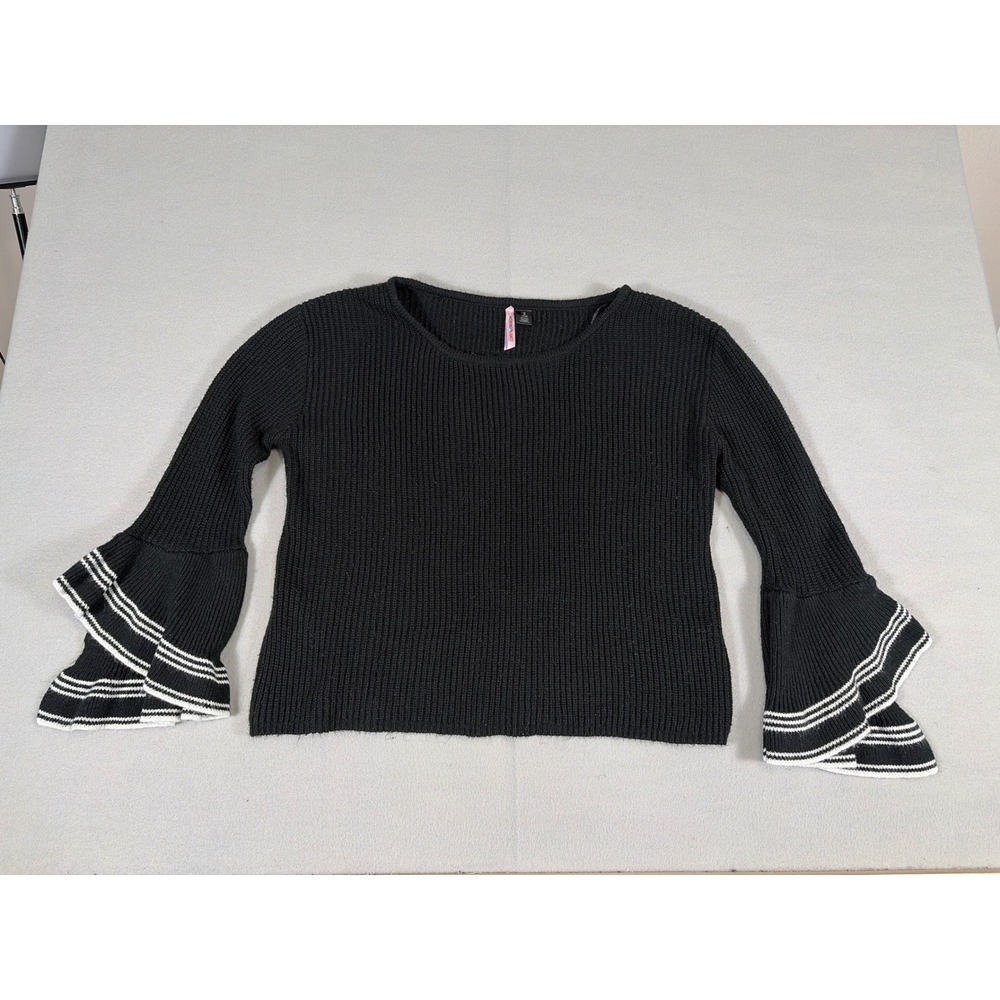 Love By Design Womens Black Ribbed Tiered Bell Sleeve Sweater White Stripe Small